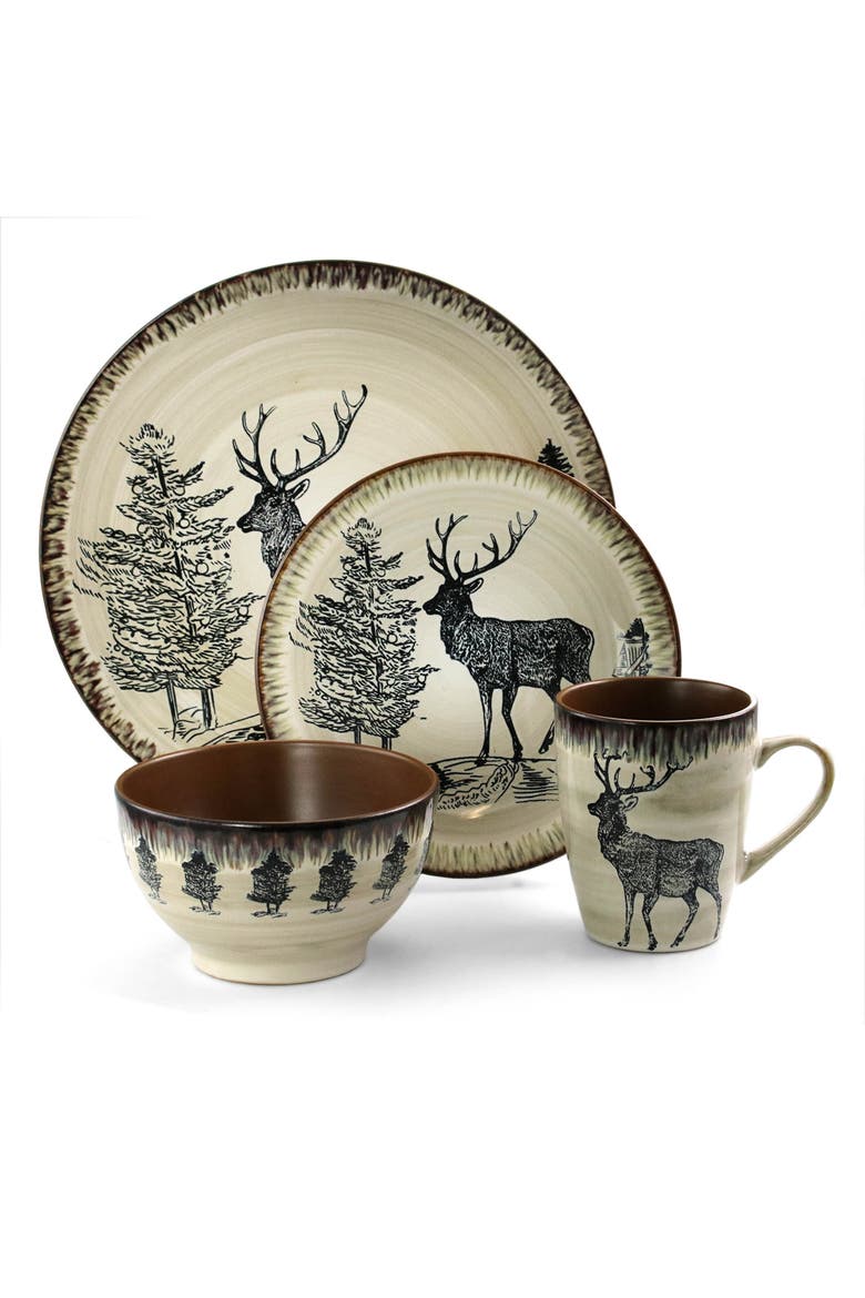 Majestic Elk 16 Piece Luxurious Stoneware Dinnerware, Alternate, color, Beige