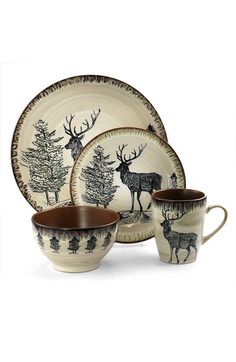 Elama Majestic Elk 16 Piece Luxurious Stoneware Dinnerware with Complete Setting for 4, Alternate, color, Beige