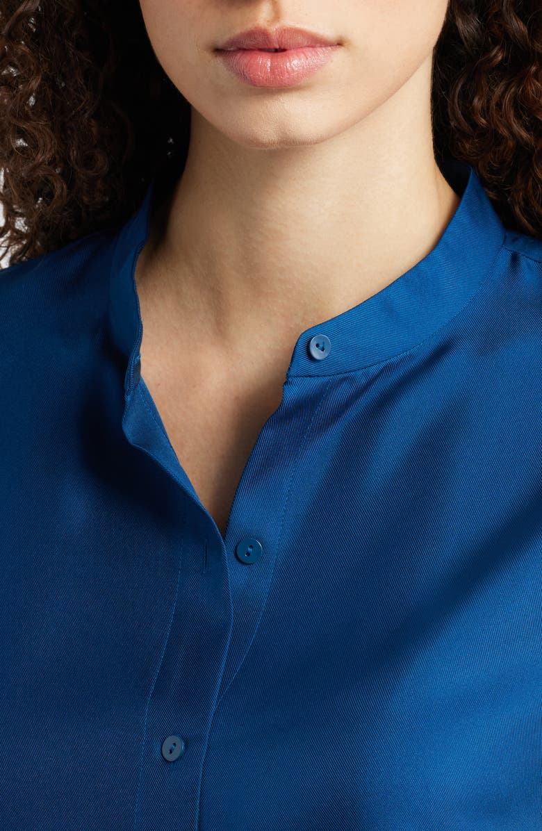 Eileen Fisher Mandarin Collar Silk Button-Up Shirt, Alternate, color, Atlantis