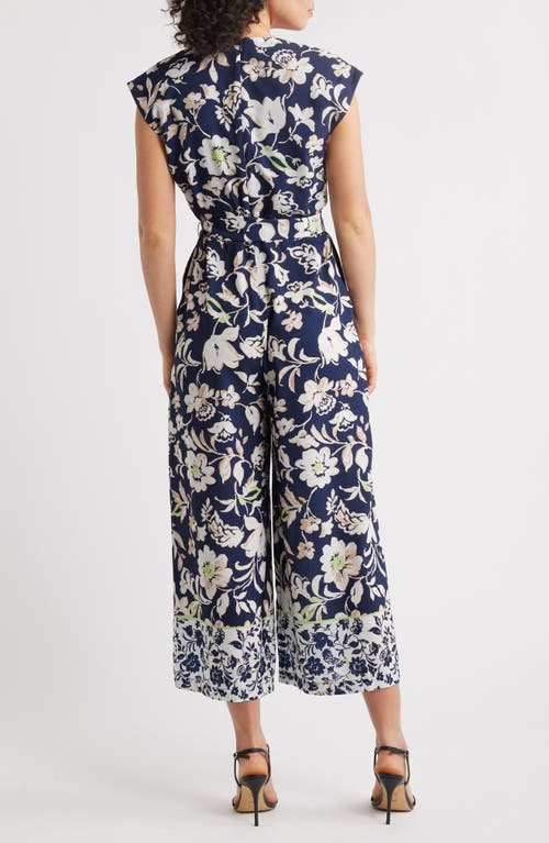 Tahari Asl Mixed Floral Print Crêpe De Chine Jumpsuit In Navy Ivory