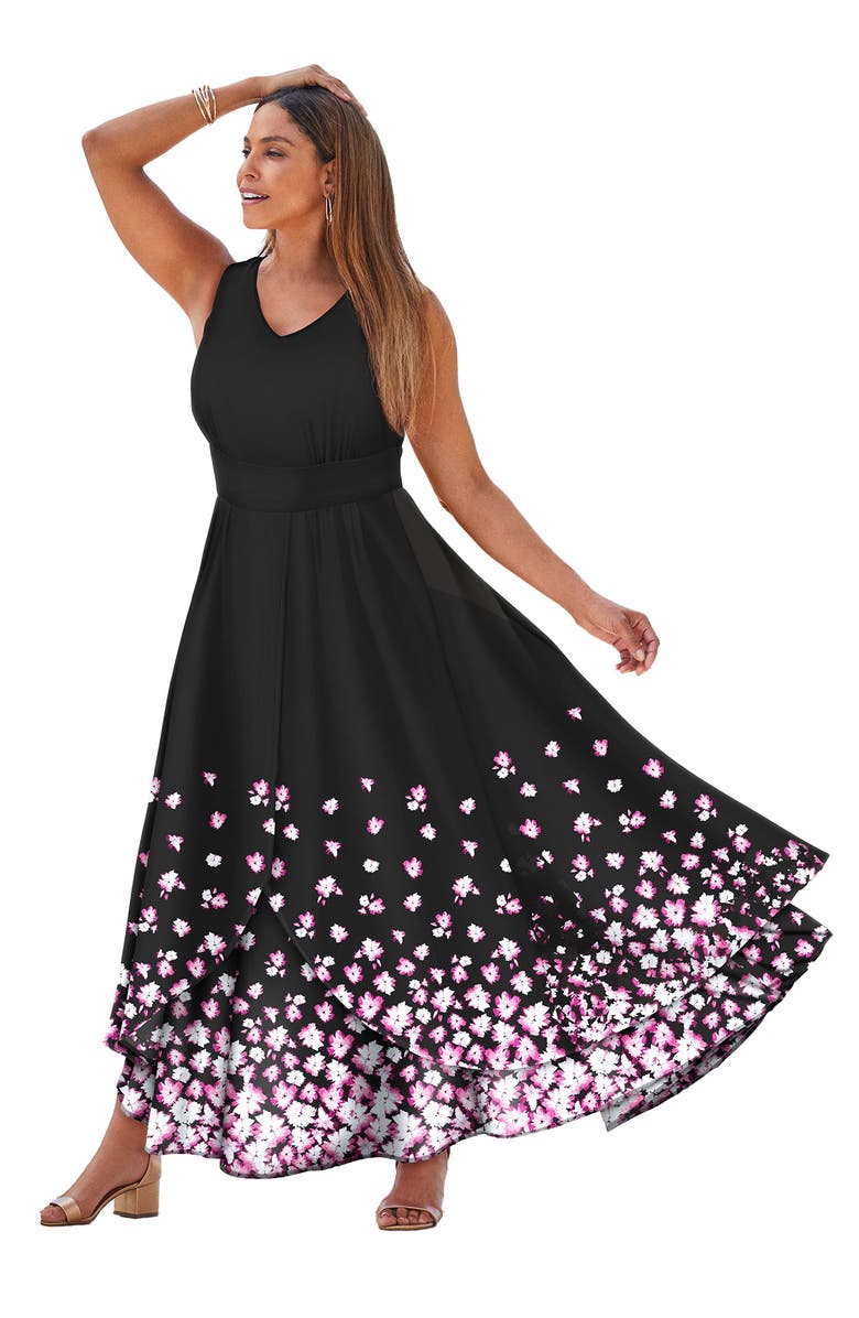 Jessica London Petite Georgette Flyaway Maxi Dress, Main, color, Black Floral
