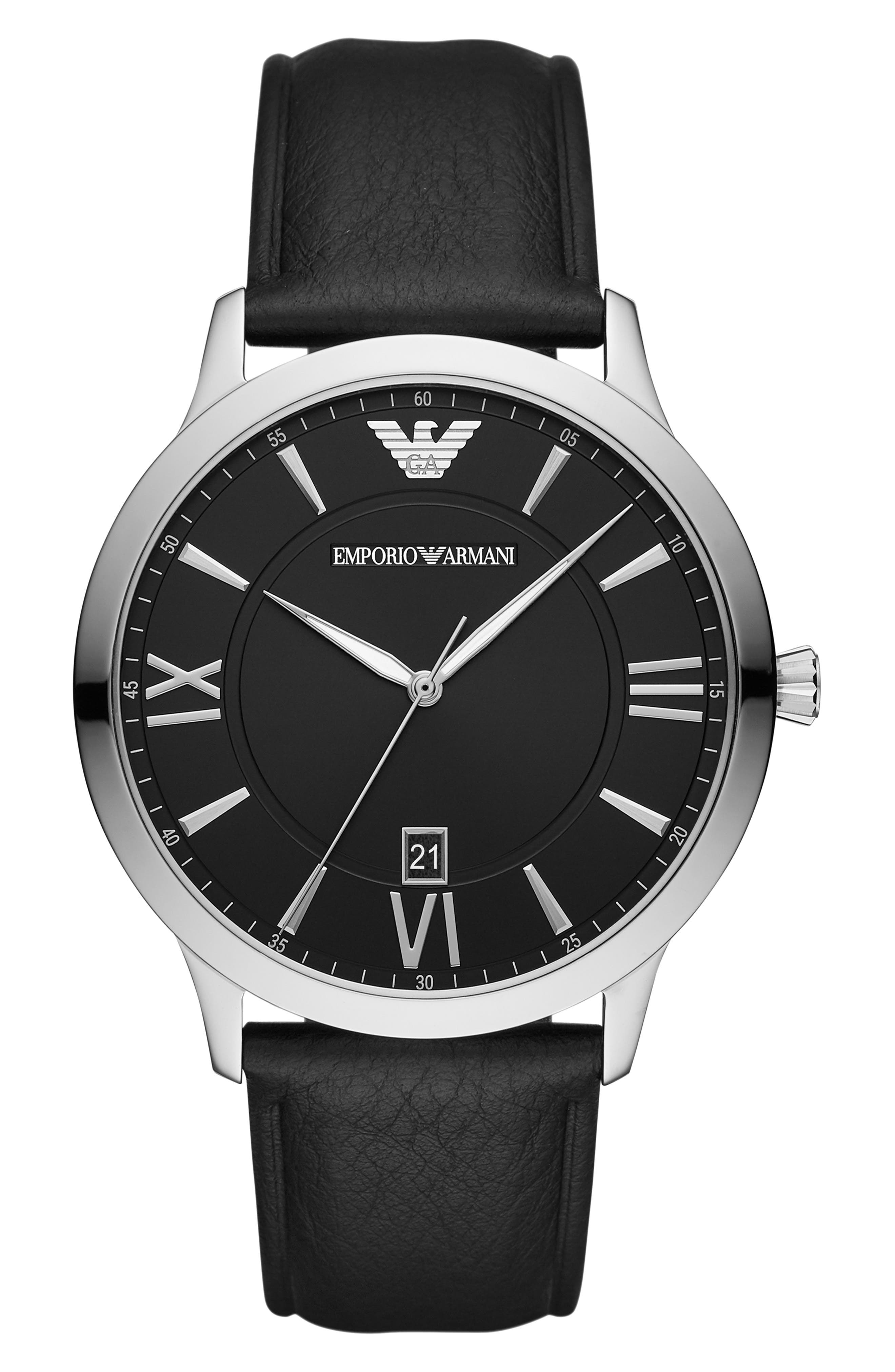 Emporio Armani Leather Strap Watch, 44mm