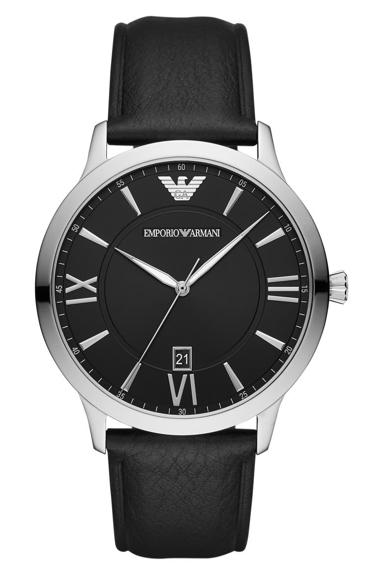 Leather Strap Watch, 44mm, Main, color, SILVER