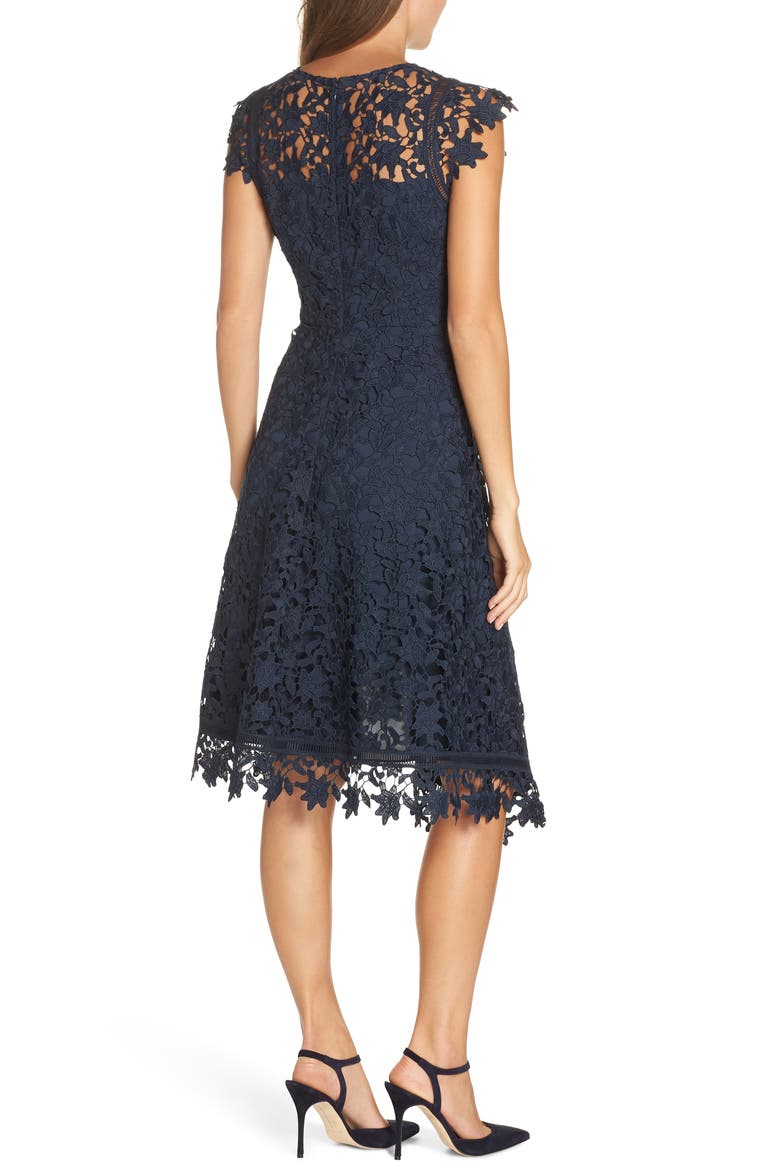 Asymmetrical Lace Fit & Flare Dress, Alternate, color, NAVY