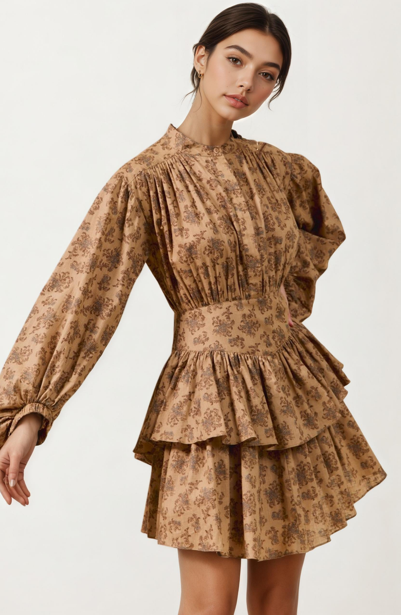 Knit and Lounge Tiered Long Sleeve Mini Dress with Smocked Waist, Alternate, color, 