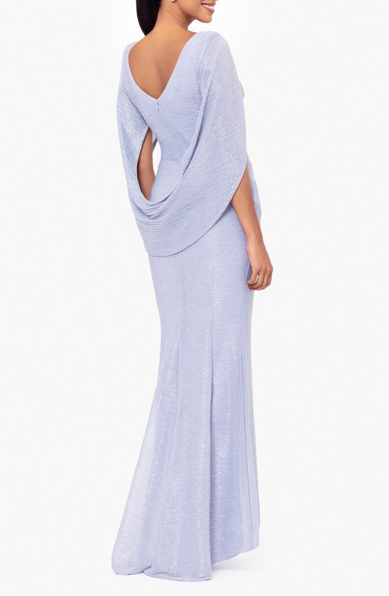 Betsy & Adam Metallic Crinkle Cape Sleeve Trumpet Gown, Alternate, color, Blue/ Silver