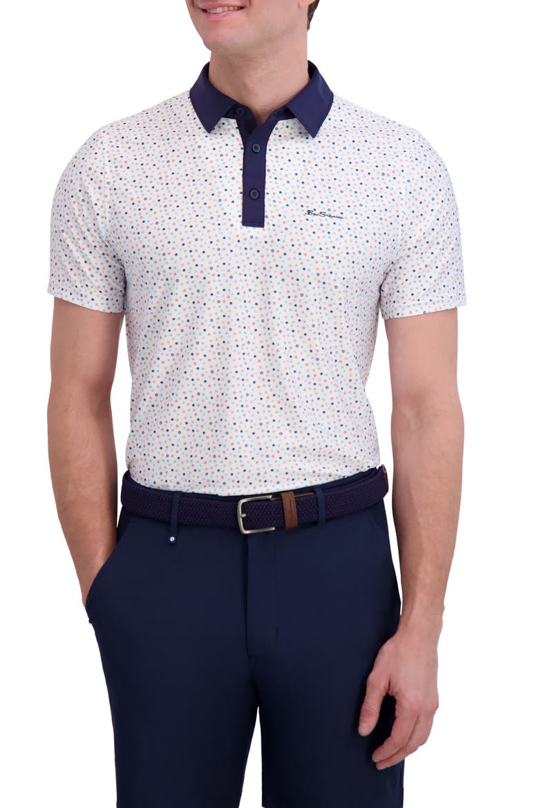 Polka Dot Print Tech Jersey Golf Polo, Main, color, CORAL