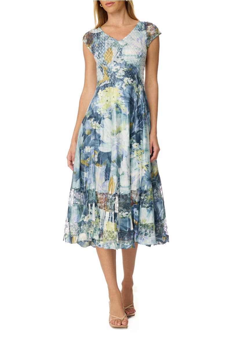 Abstract Floral  Charmuese Dress with Lace Cap Sleeve, Main, color, Painted Petal