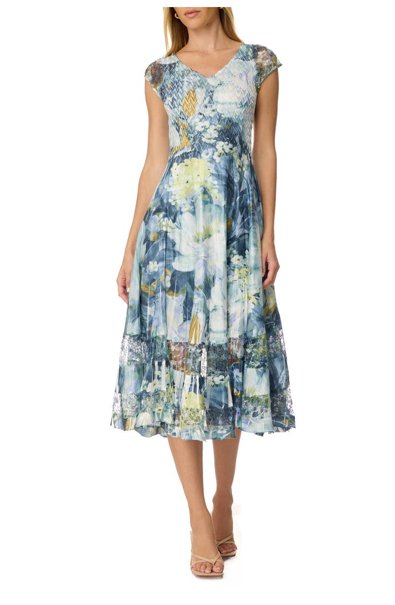 Komarov Abstract Floral Charmuese Dress with Lace Cap Sleeve, Main, color, Painted Petal