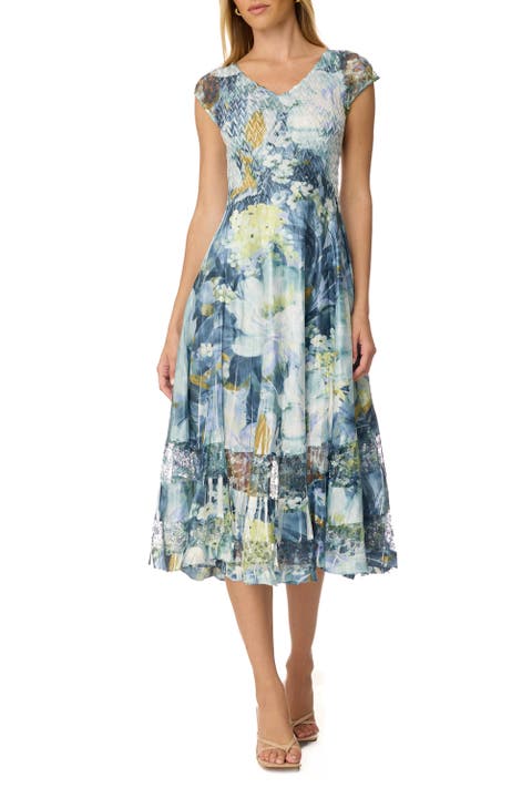 Abstract Floral  Charmuese Dress with Lace Cap Sleeve