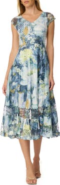 Komarov Abstract Floral  Charmuese Dress with Lace Cap Sleeve