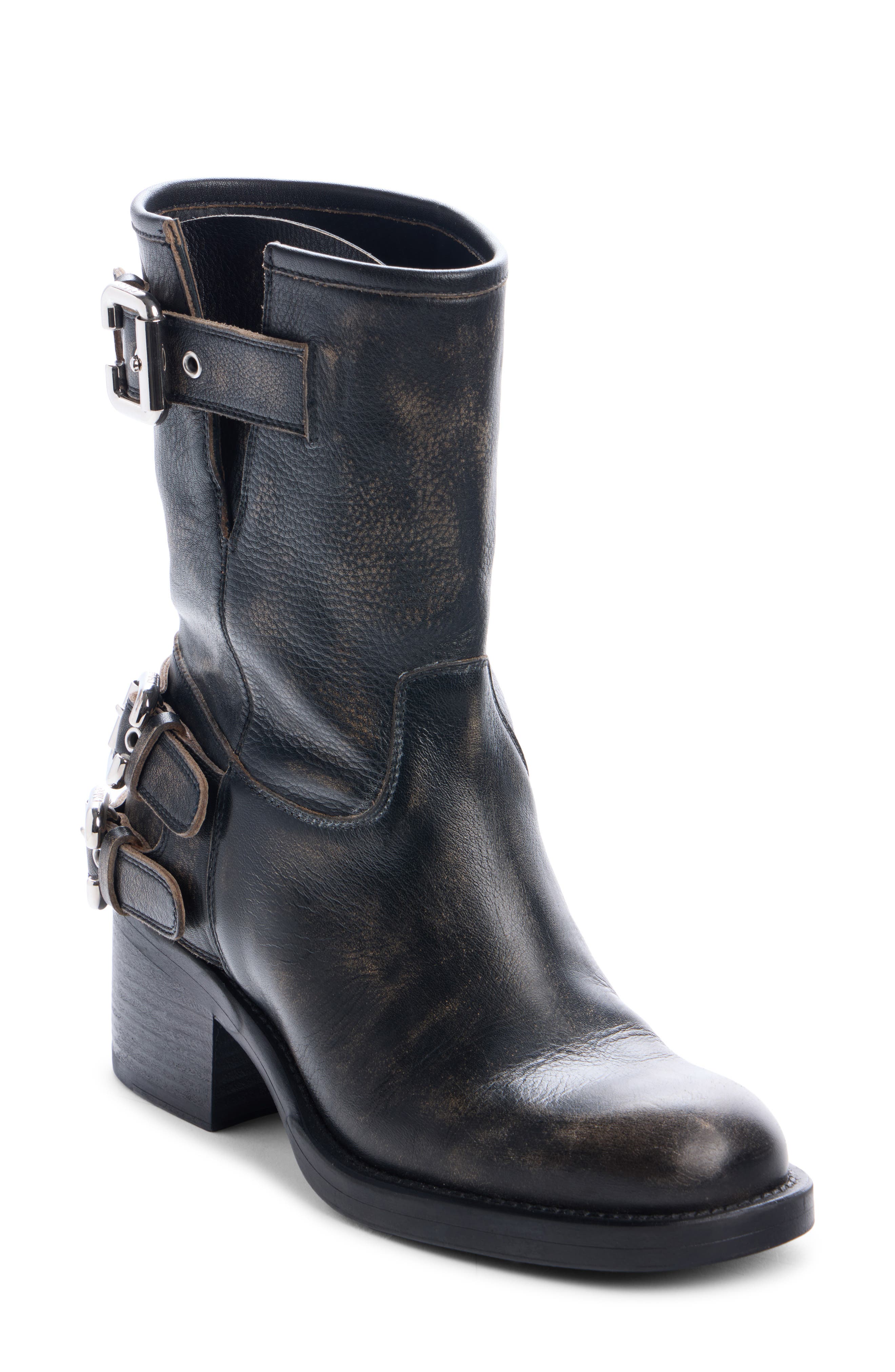 Chloé Dakota Block Heel Biker Boot, Main, color, Black