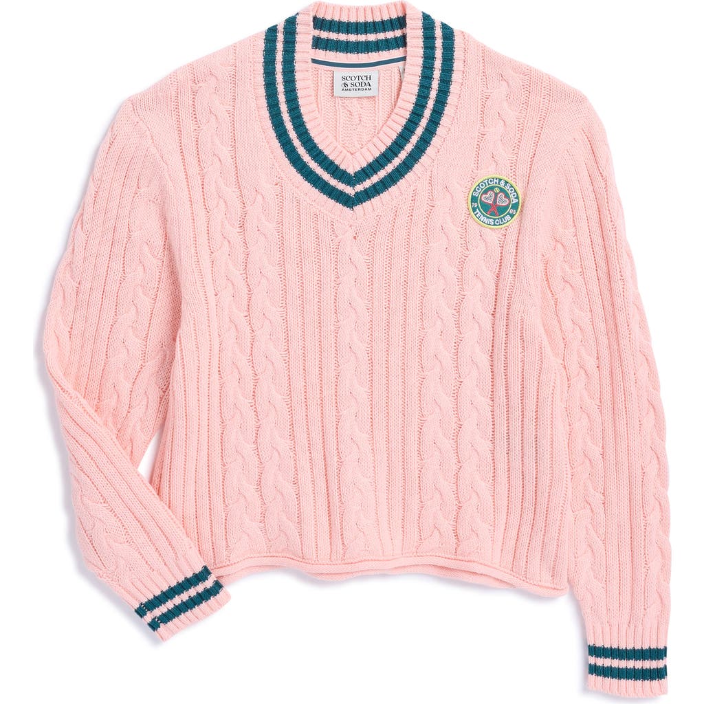 Scotch & Soda Kids' Tennis Group Cable Knit Sweater In Impatiens Pink