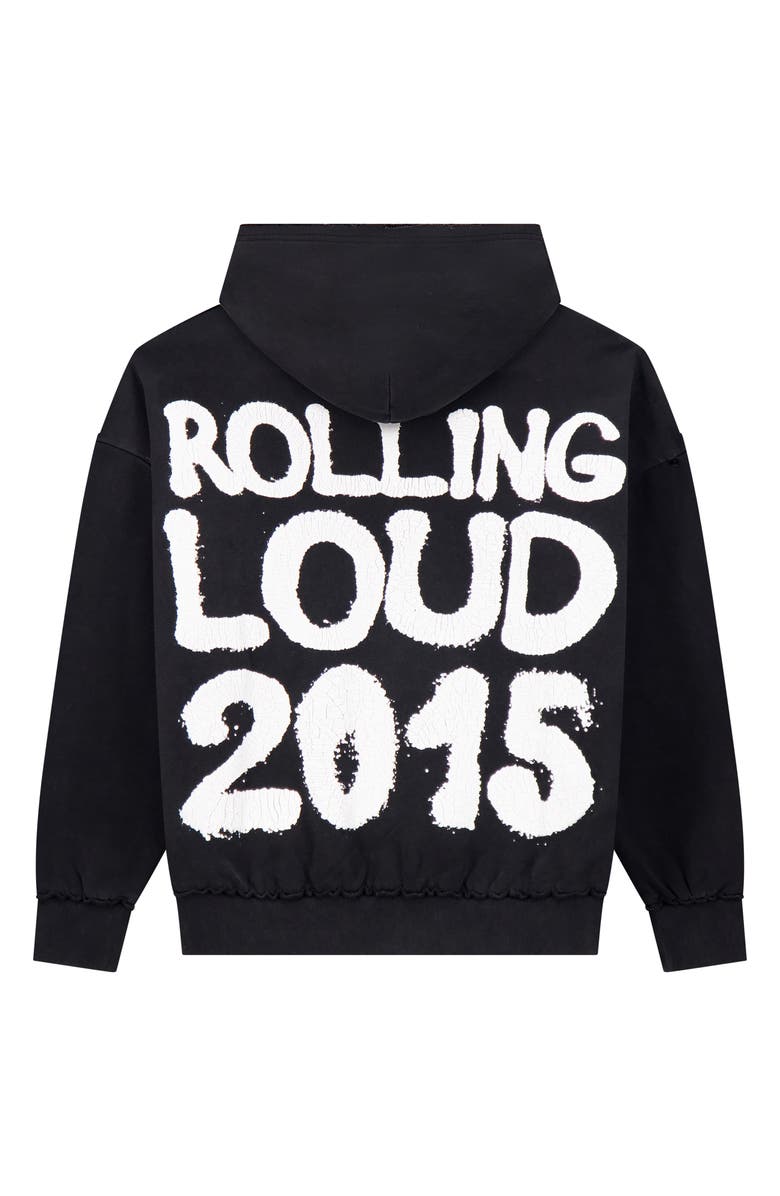 Rolling Loud Mosh Distressed Graphic Zip Hoodie, Alternate, color, Black