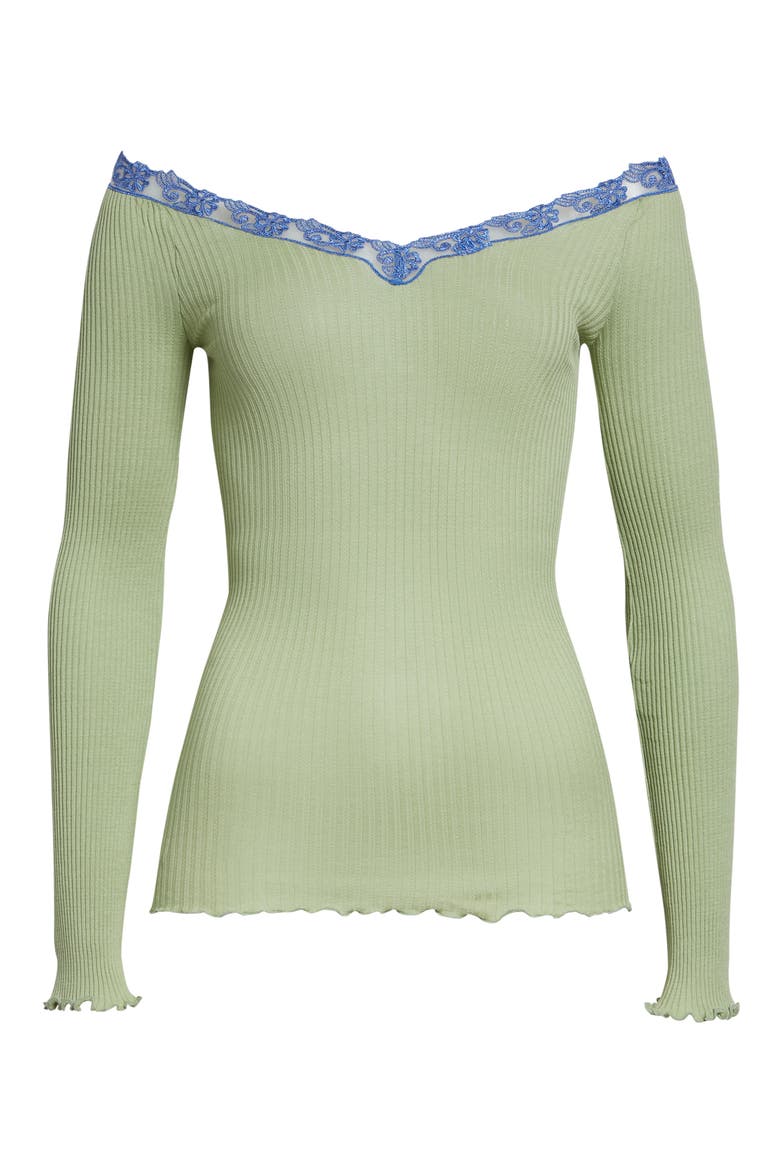Lace Trim Rib Cotton & Silk Sweater, Alternate, color, DARK CEDAR