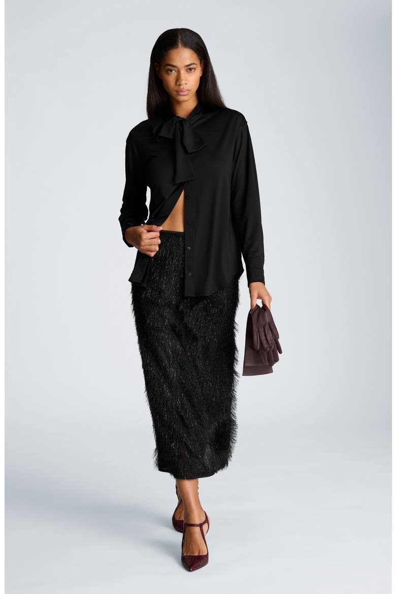 Bow Neck Long Sleeve Shirt, Alternate, color, BLACK