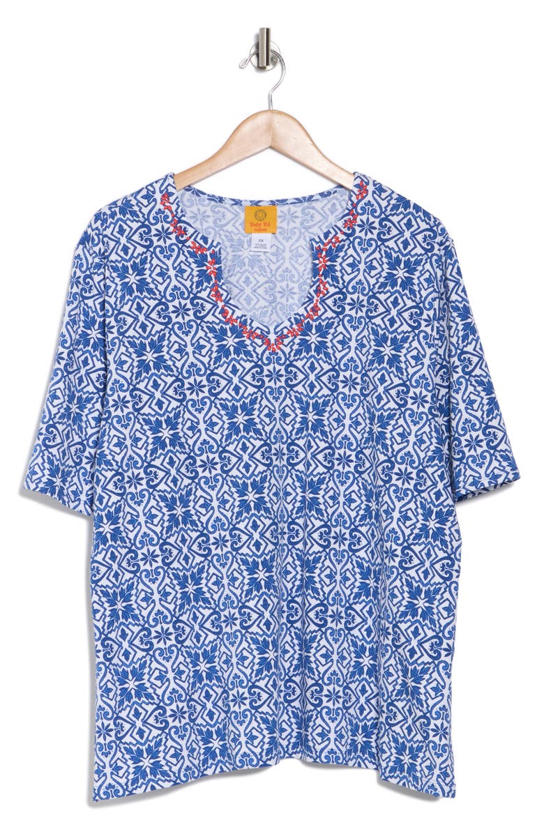 RUBY RD Medallion Print Split Neck T-Shirt, Alternate, color, Blue Multi