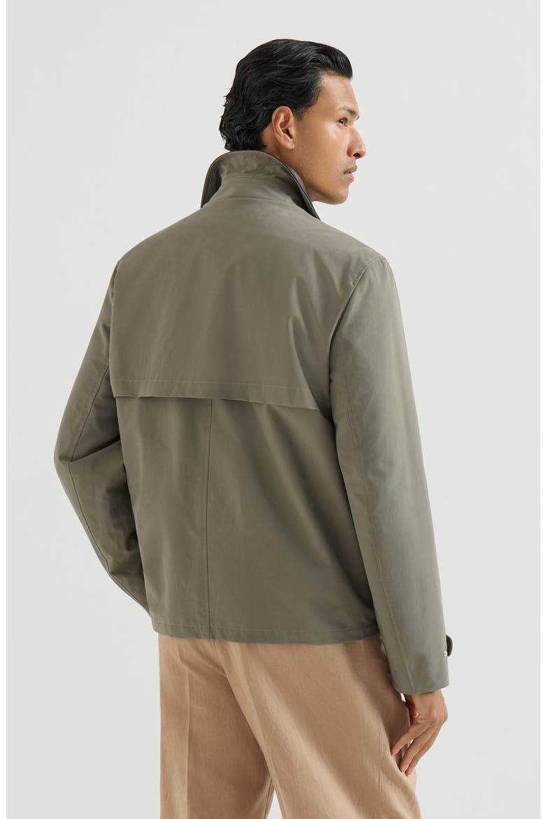 Water-resistant techno cotton gabardine outerwear jacket with leather inserts and hook fastening, Alternate, color, Military