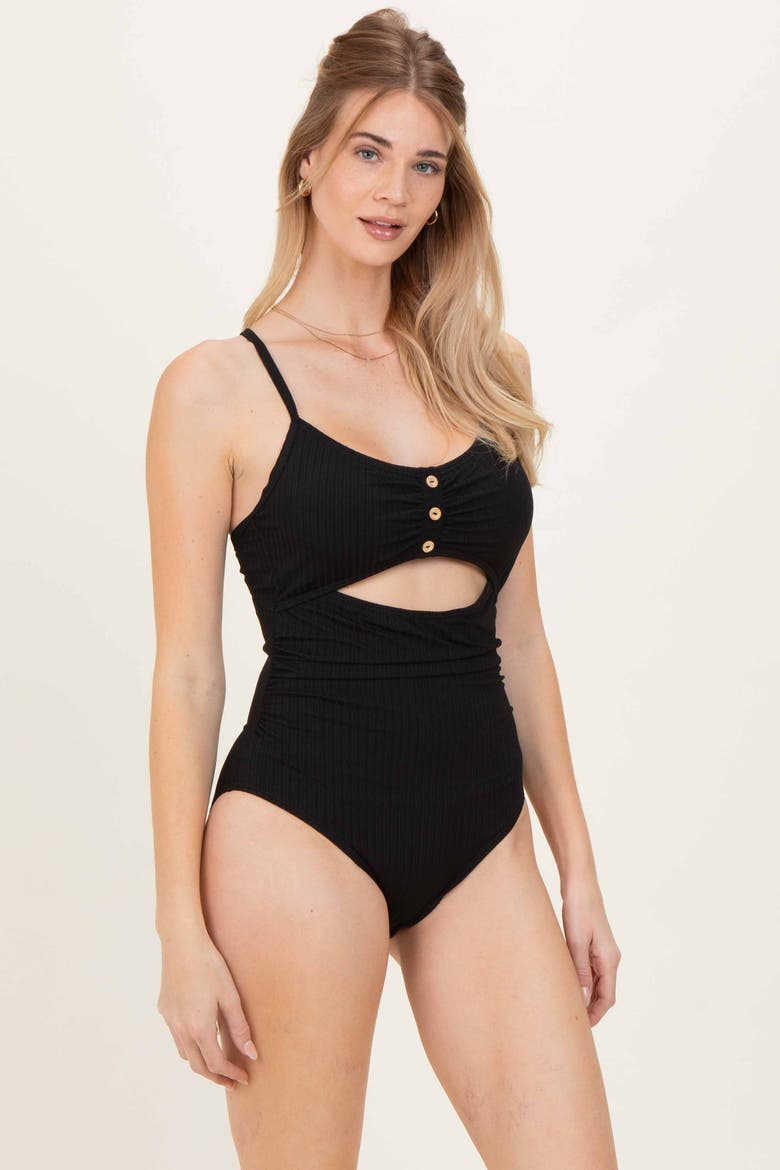 Ruched Crisscross Back Cut Out Swimsuit, Alternate, color, Black
