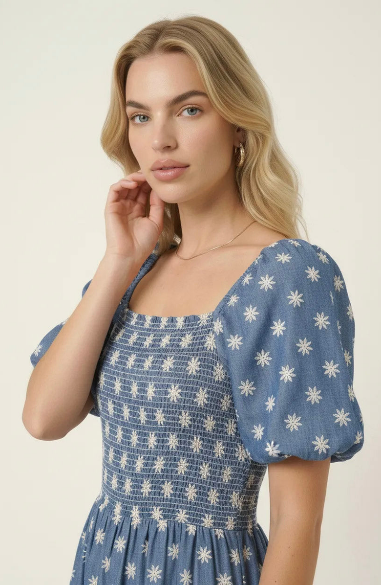 Modenaire Smocked Puff-Sleeve Midi Dress with Tiered Skirt and Pockets, Alternate, color, Blue / White Floral