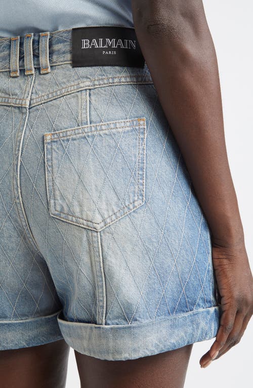 Balmain Quilted High Waist Denim Shorts In Blue