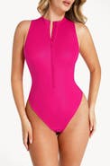 Popilush Shapewear Faux Leather Mock Neck Zip Front Sculpting Bodysuit