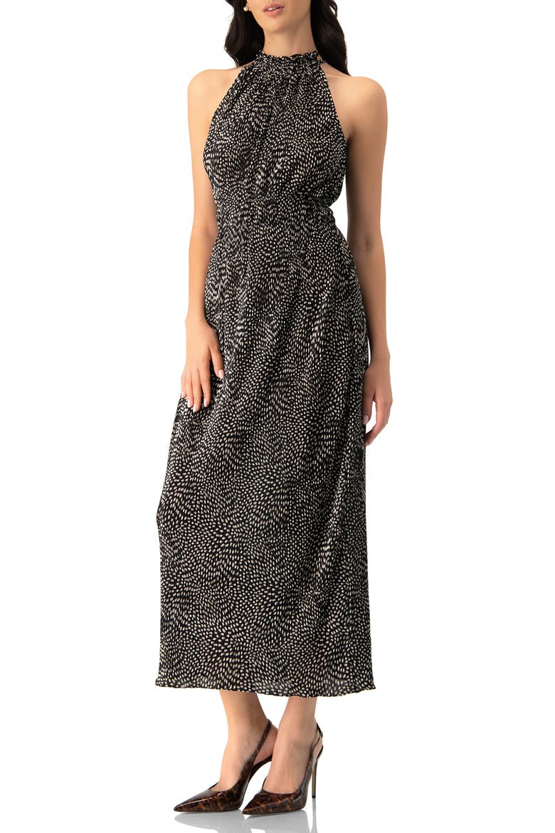Pleated Polka Dot Maxi Dress, Alternate, color, Black