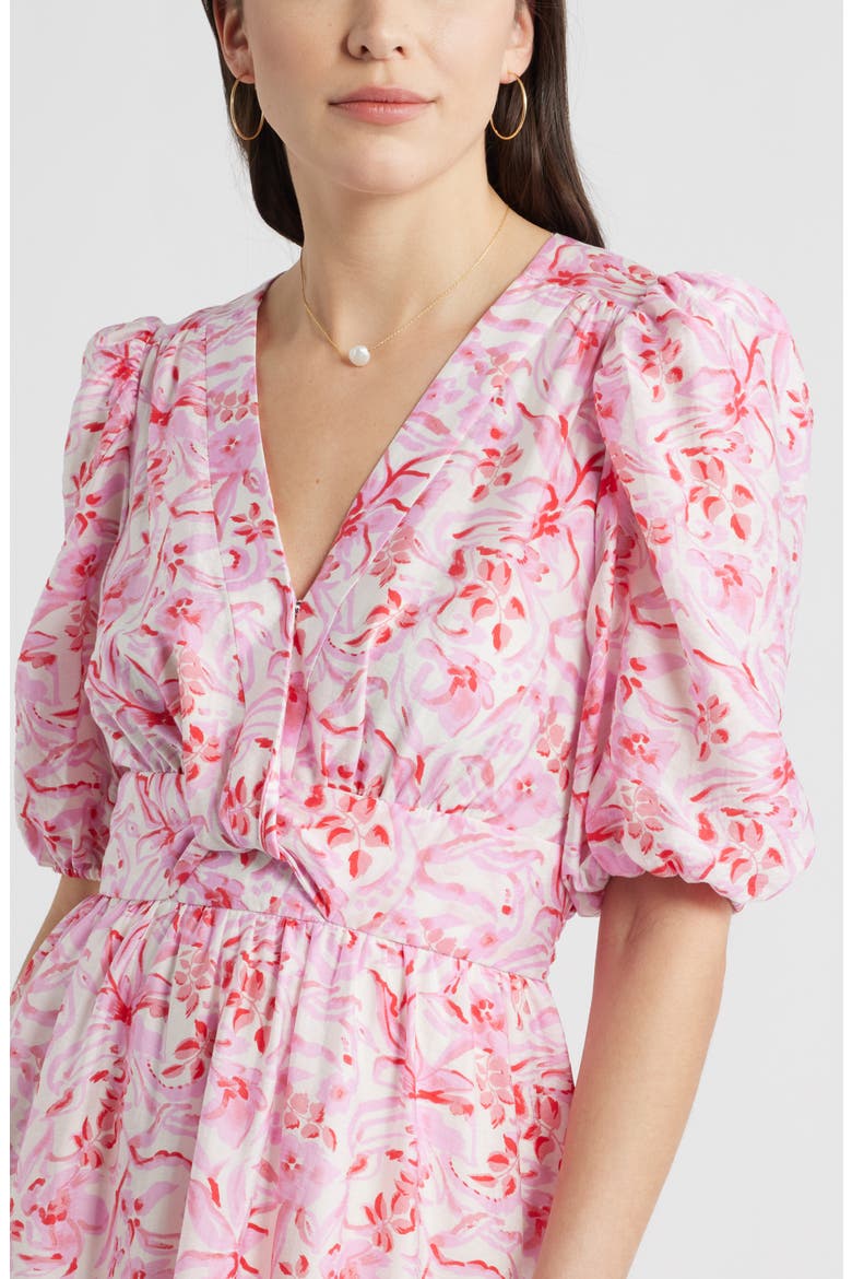 Twist Detail Allover Print Midi Dress, Alternate, color, IVORY/ PINK DAISY GARDEN