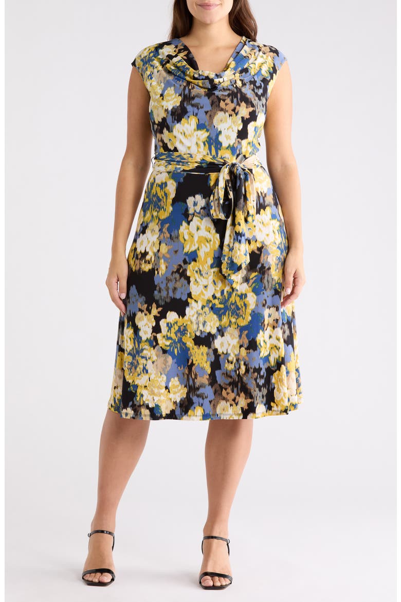 Floral Cowl Neck Sleeveless Fit & Flare Dress, Main, color, BLACK MULTI