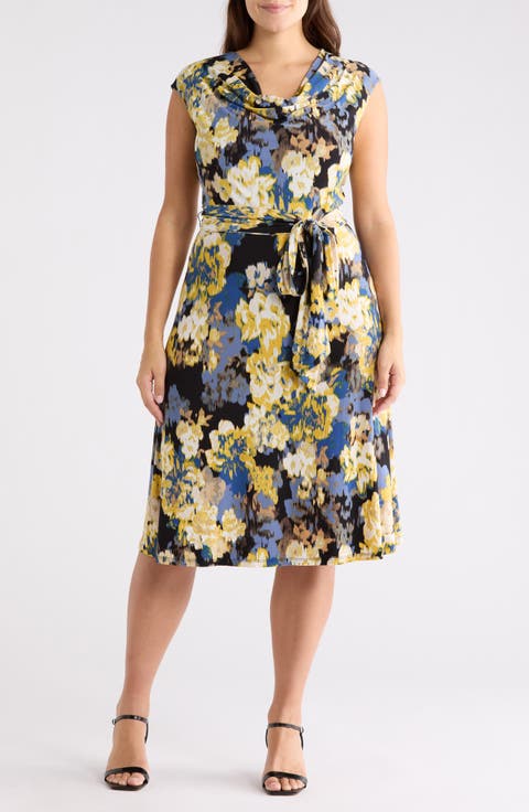 Floral Cowl Neck Sleeveless Fit & Flare Dress (Plus)