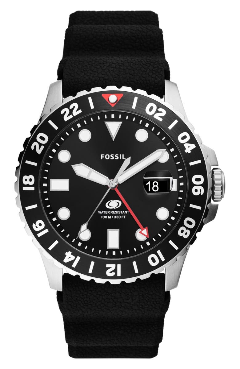 Fossil Blue GMT Silicone Strap Watch, 46mm, Main, color, Black