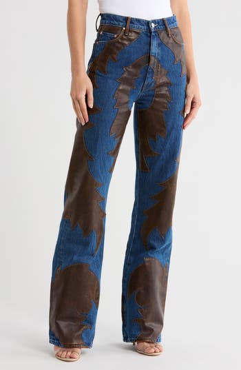 Mother The Saloon Faux Leather Patchwork Jeans In Blue
