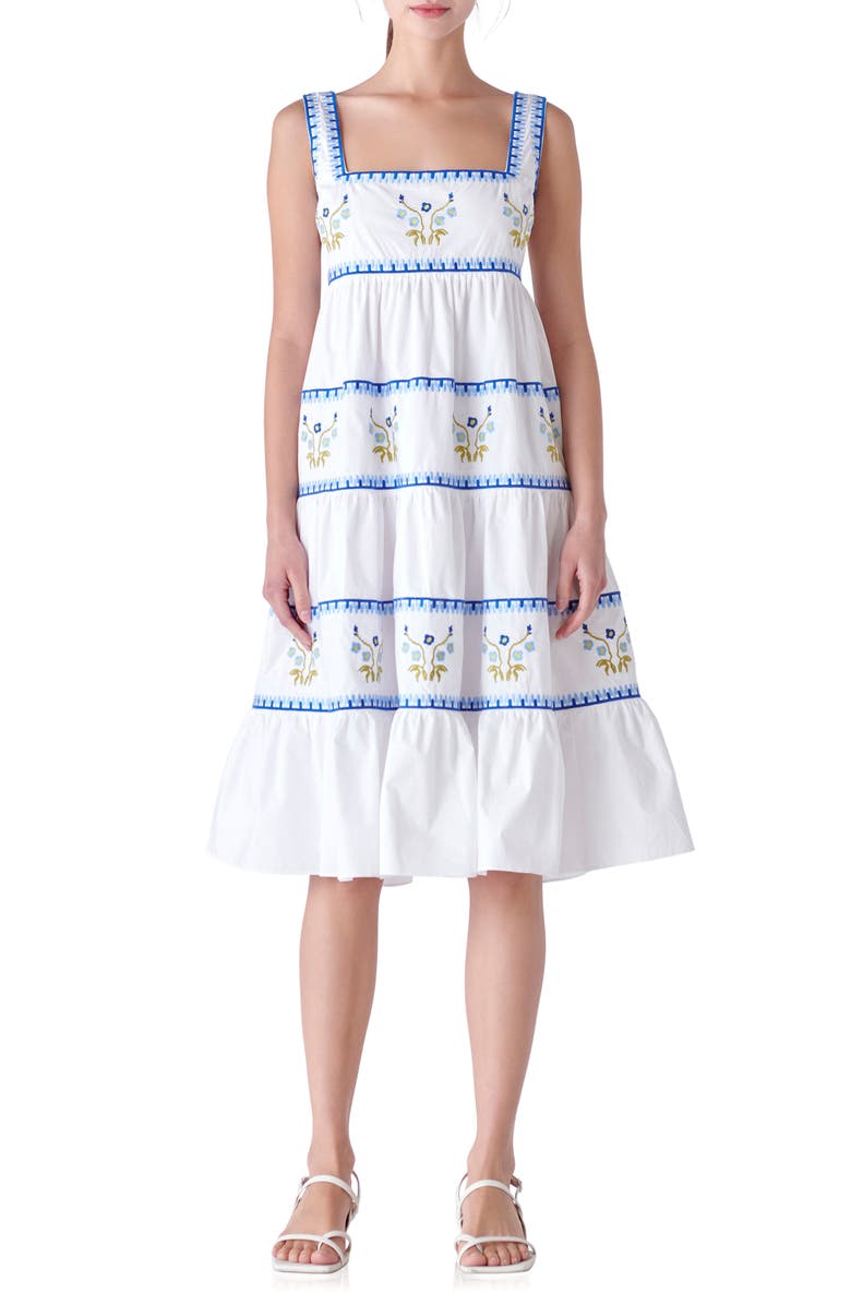 English Factory Embroidered Tiered Cotton Midi Dress, Main, color, 