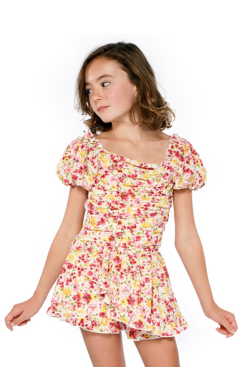 Hannah Banana Kids' Floral Ruched Romper, Alternate, color, Ivory Multi