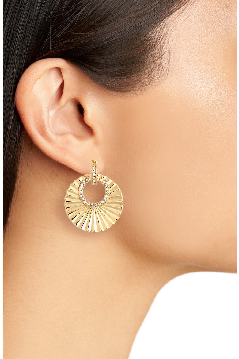 Cubic Zirconia Fluted Disc Drop Earrings, Alternate, color, CLEAR- GOLD TONE