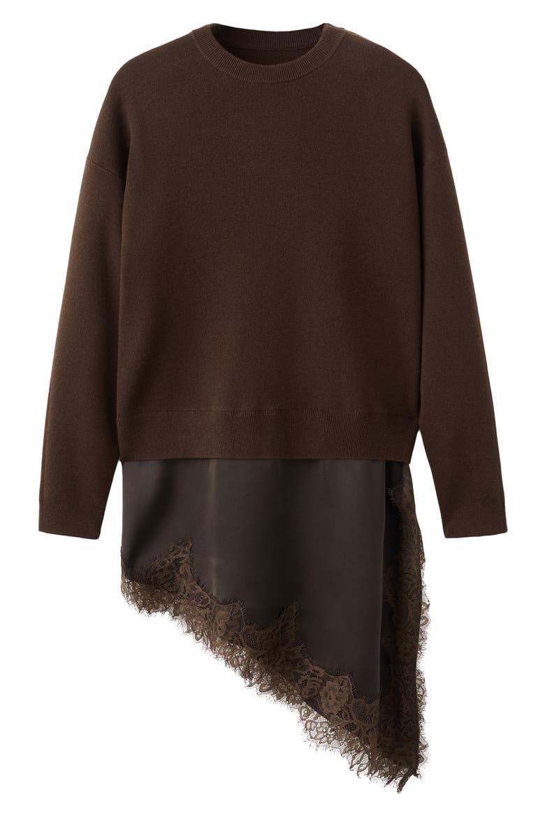 Mixed Media Asymmetric Hem Lace Trim Sweater, Alternate, color, CHOCOLATE