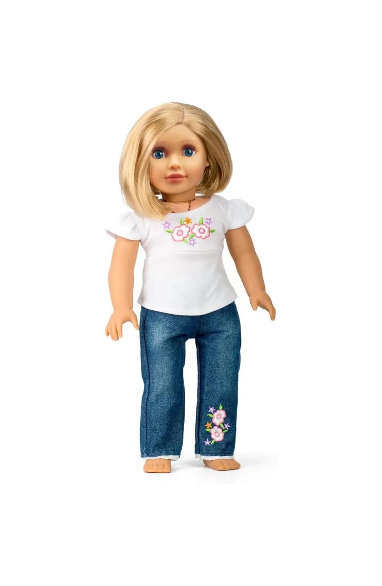 Dress Along Dolly Casual T-Shirt & Jeans 2pc Doll Outfit - Clothes & Accessories Compatible w 18" American Girl Dolls- Set Includes Jeans & Floral T Shirt, Gift Set, Main, color, White
