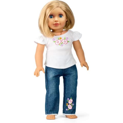Casual T-Shirt & Jeans 2pc Doll Outfit - Clothes & Accessories Compatible w 18" American Girl Dolls- Set Includes Jeans & Floral T Shirt, Gift Set