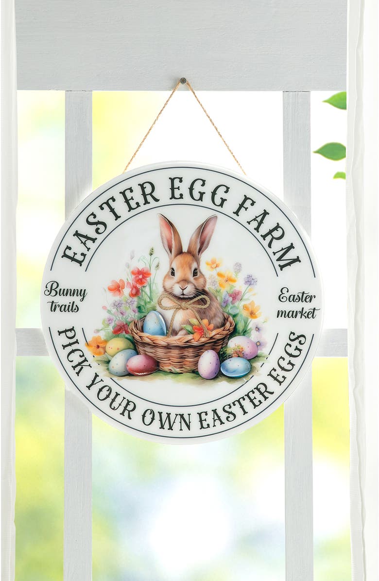 Glitzhome Easter Wooden & Epoxy Bunny Round Wall or Door Hanger, Alternate, color, White