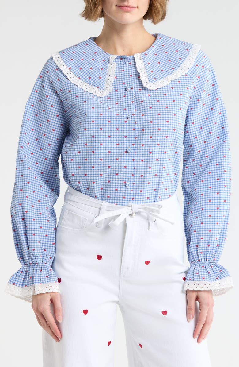 Vigoss Gingham Heart Print Long Sleeve Button-Up Top, Main, color, Blue Combo