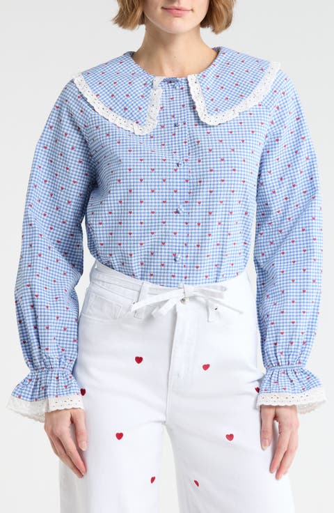 Gingham Heart Print Long Sleeve Button-Up Top