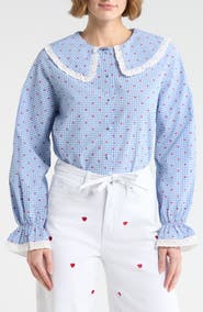 Vigoss Gingham Heart Print Long Sleeve Button-Up Top