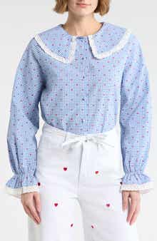 Vigoss Gingham Heart Print Long Sleeve Button-Up Top