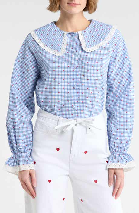 Vigoss Gingham Heart Print Long Sleeve Button-Up Top