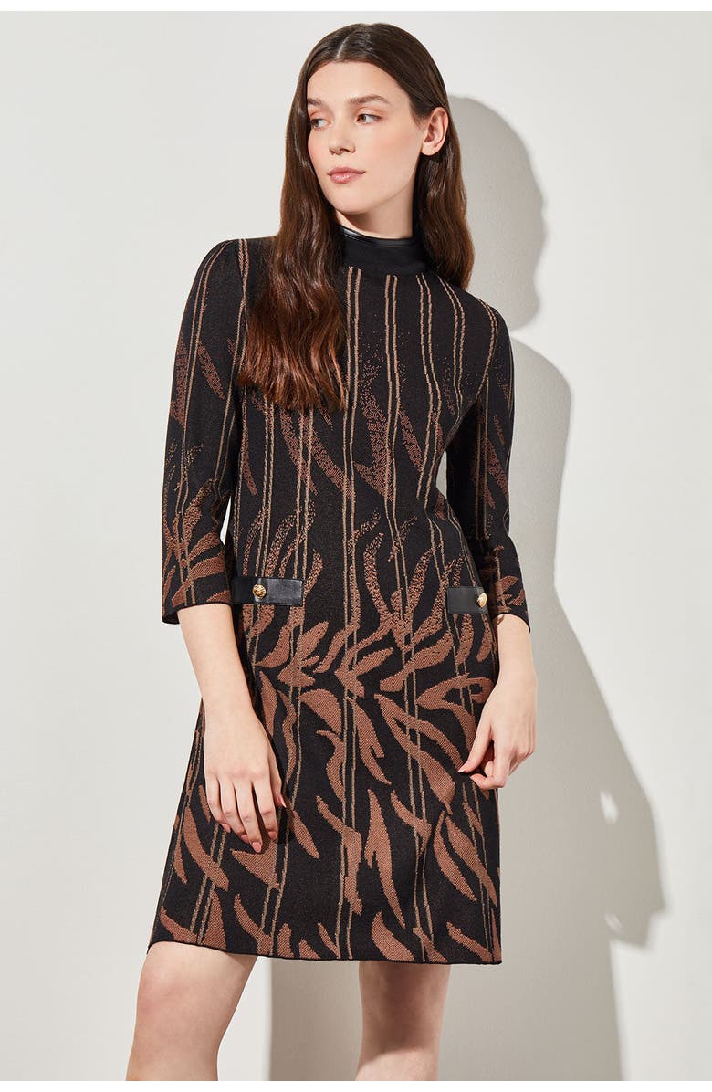 Ming Wang Animal Print Vegan Leather Trim Soft Knit Mini Dress, Main, color, Black/Chestnut/Camel