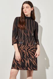 Ming Wang Animal Print Vegan Leather Trim Soft Knit Mini Dress