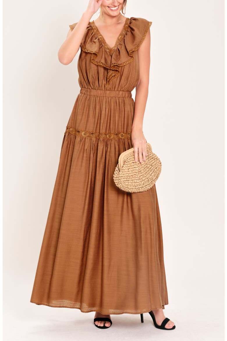Lace Trim Ruffle Maxi Dress, Alternate, color, CAMEL
