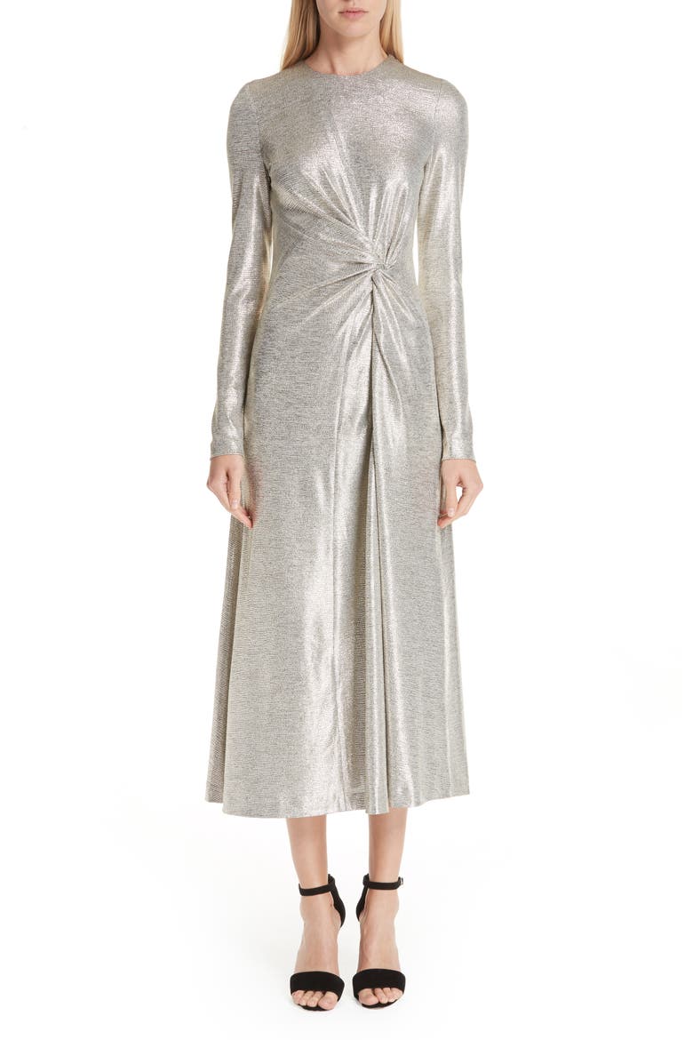 Twist Detail Metallic Dress, Main, color, PLATINUM
