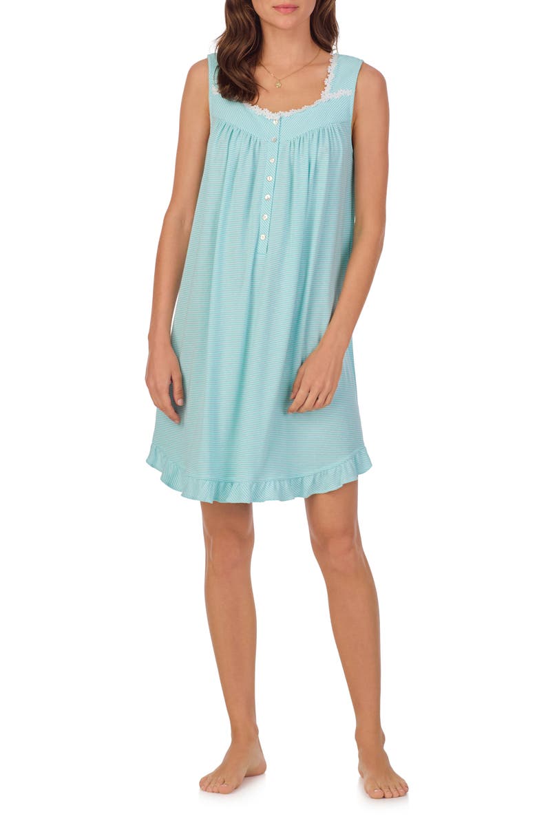 Eileen West Stripe Short Sleeveless Knit Nightgown, Main, color, Aqua Stripe