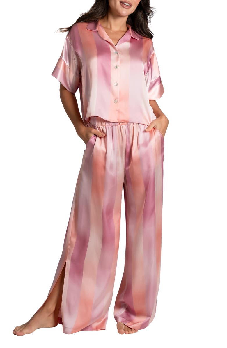Midnight Bakery Ombré Lane Stripe Short Sleeve Satin Pajamas, Main, color, 